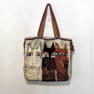 Vtg.Large Laurel Burch oversized brown weekend bag.Hand painted cats.